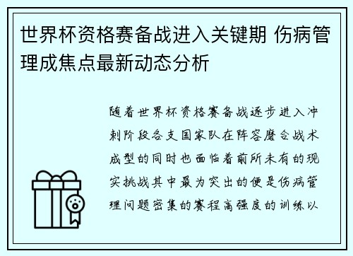 世界杯资格赛备战进入关键期 伤病管理成焦点最新动态分析 世界杯资格赛备战进入关键期 伤病管理成焦点最新动态分析