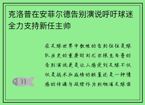 克洛普在安菲尔德告别演说呼吁球迷全力支持新任主帅 克洛普在安菲尔德告别演说呼吁球迷全力支持新任主帅