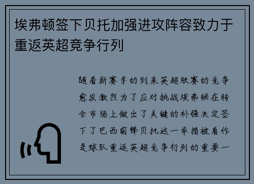埃弗顿签下贝托加强进攻阵容致力于重返英超竞争行列 埃弗顿签下贝托加强进攻阵容致力于重返英超竞争行列